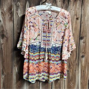 Meadow Rue Boho Sheer Floral Peasant Blouse Flowy Bat Wings Crochet Lace Sz L